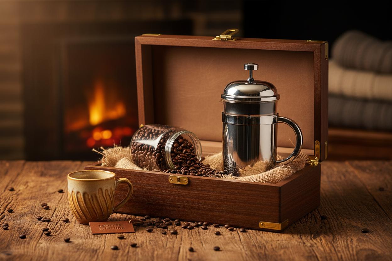 caja de regalo de café con prensa francesa, luz calida